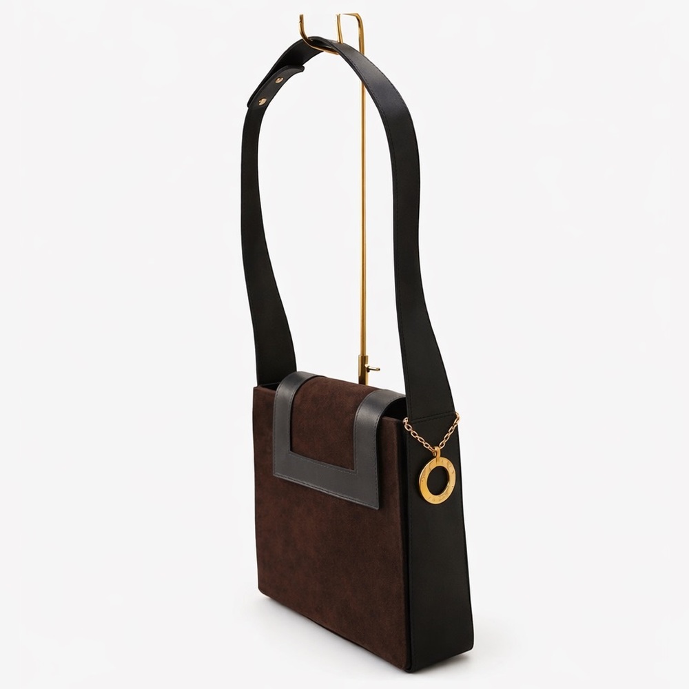 CELINE brown suede leather shoulder bag, logo charm